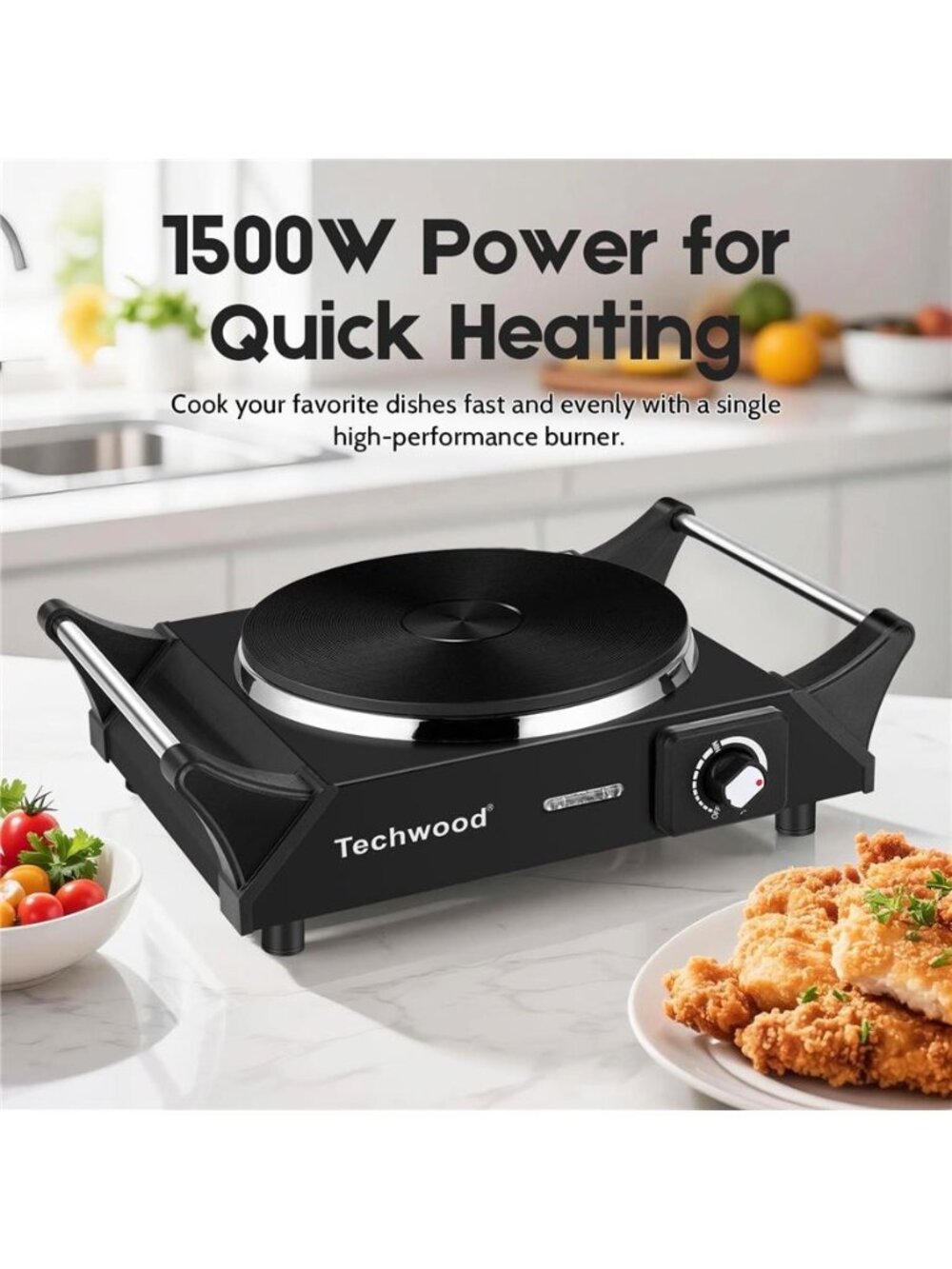 Techwood Portable Electric Cooktop Burner, 1500W, Compact, Non-slip, Stainless,